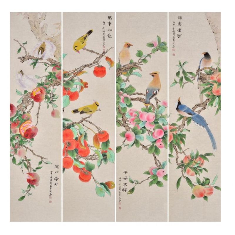 张利花鸟画四条屏《笑口常开，万事如意，平安吉祥，福寿康宁》
