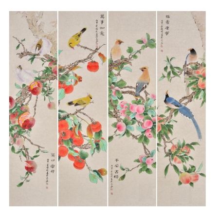 张利花鸟画四条屏《笑口常开，万事如意，平安吉祥，福寿康宁》