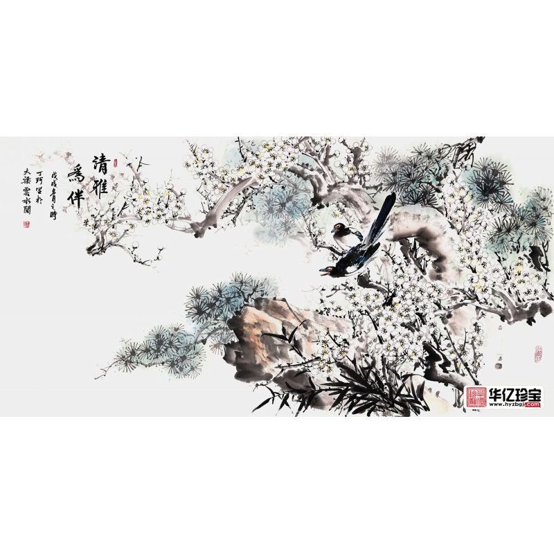 丁珂四尺横幅喜鹊、梅花、松树作品《清雅为伴》