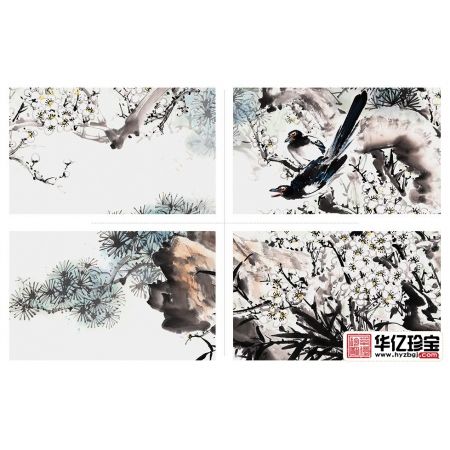 丁珂四尺横幅喜鹊、梅花、松树作品《清雅为伴》