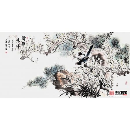 丁珂四尺横幅喜鹊、梅花、松树作品《清雅为伴》