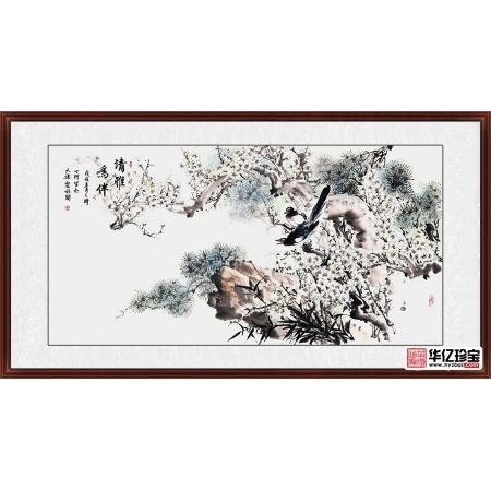 丁珂四尺横幅喜鹊、梅花、松树作品《清雅为伴》