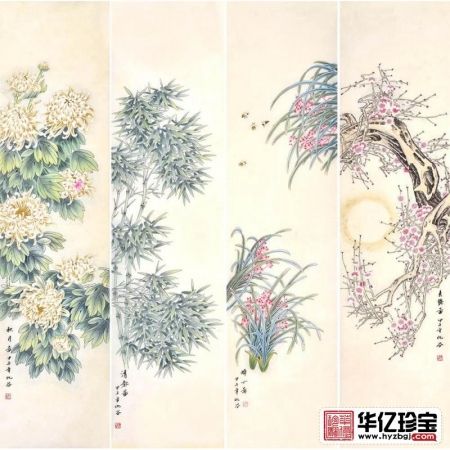 仇谷四条屏花鸟画作品国画四君子《梅兰竹菊》