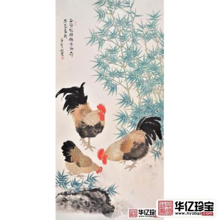 玄关挂画 羽墨竹子公鸡图《血染冠头锦作翎，昂昂气象新》