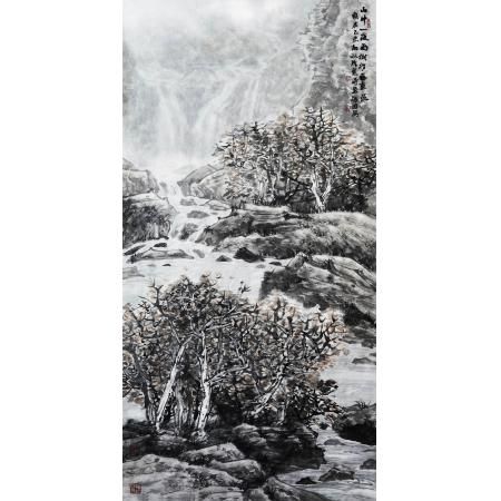 程振国《山中一夜雨，树杪百重泉》136×68cm