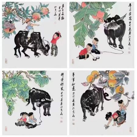吴运广精品牛作四斗方《多子多福》《平平安安》《耕读传家》《事事如意》