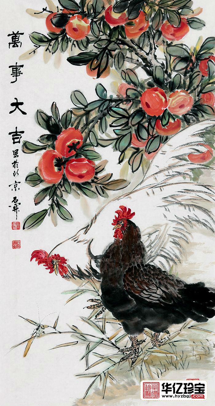 石开老师新品三尺竖幅雄鸡柿子图《万事大吉》