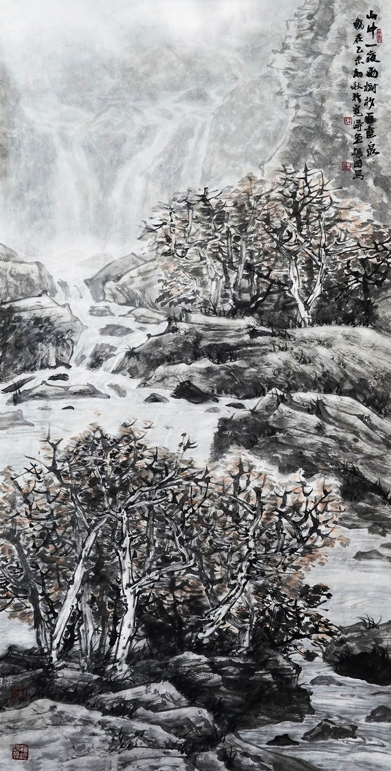 程振国《山中一夜雨，树杪百重泉》136×68cm