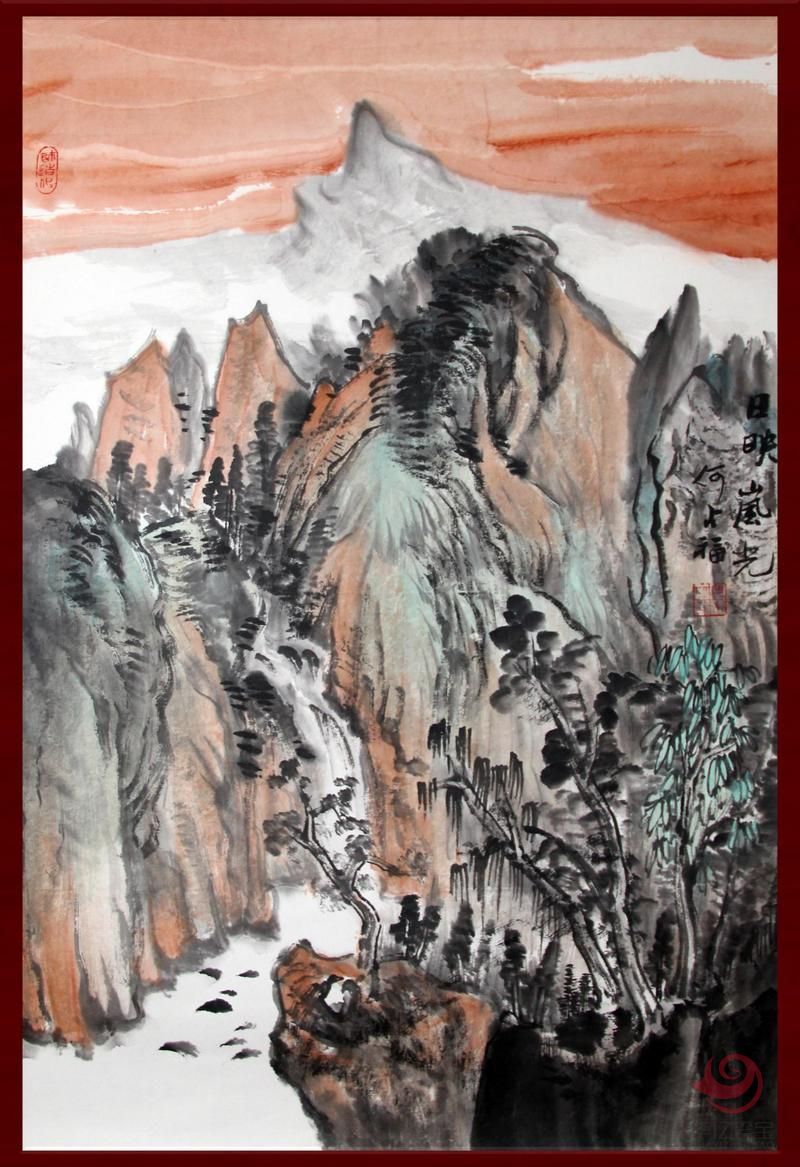 贺兰山画派创始人 山水画家何占?！度沼翅肮狻?.8平尺竖幅