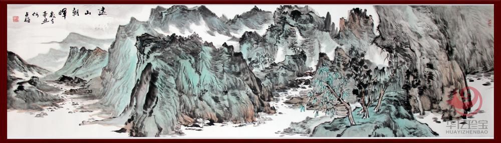 贺兰山画派创始人 山水画家何占?！对渡匠汀?平尺横幅巨作